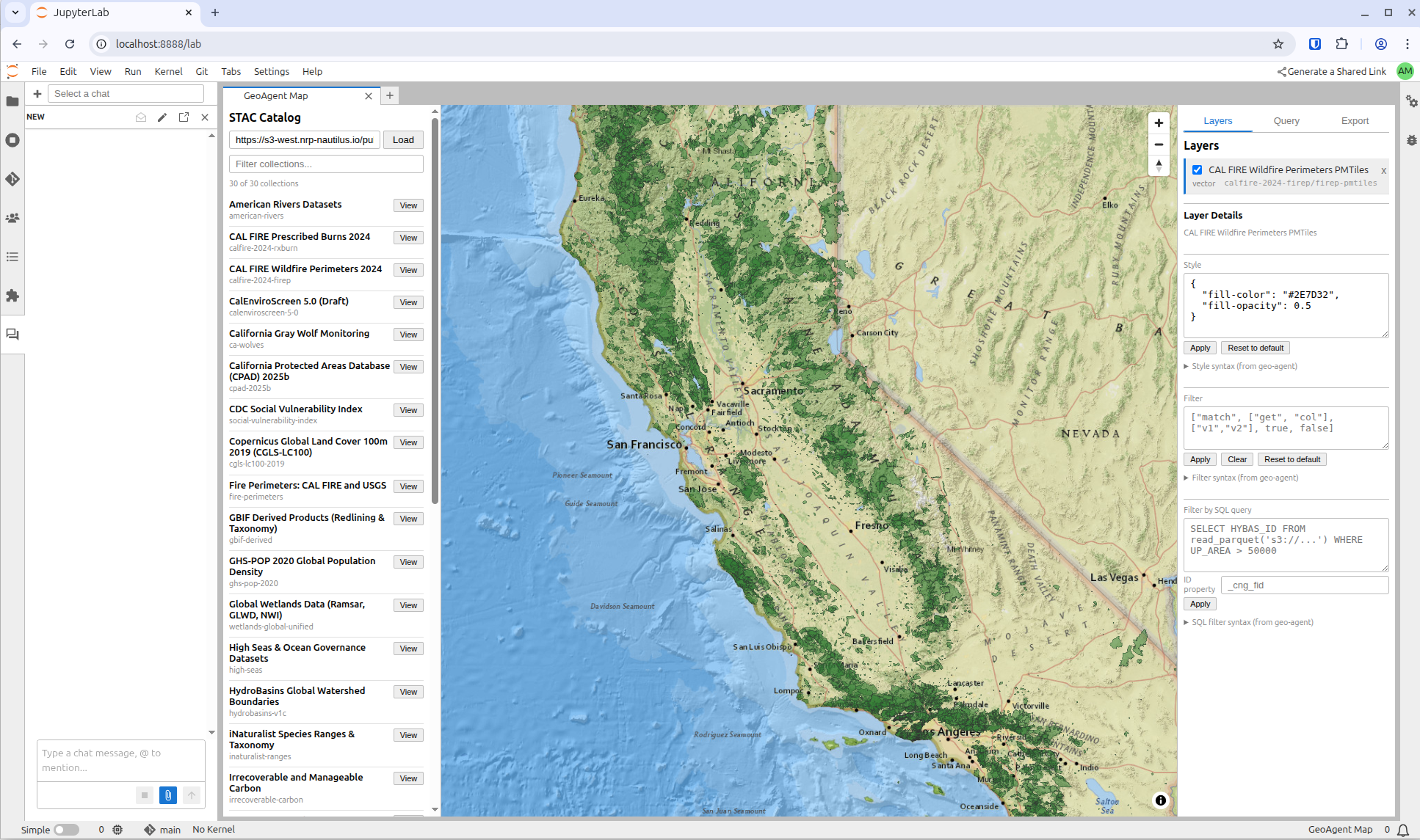 GeoAgent Map panel showing the STAC catalog browser, interactive map, and layer controls